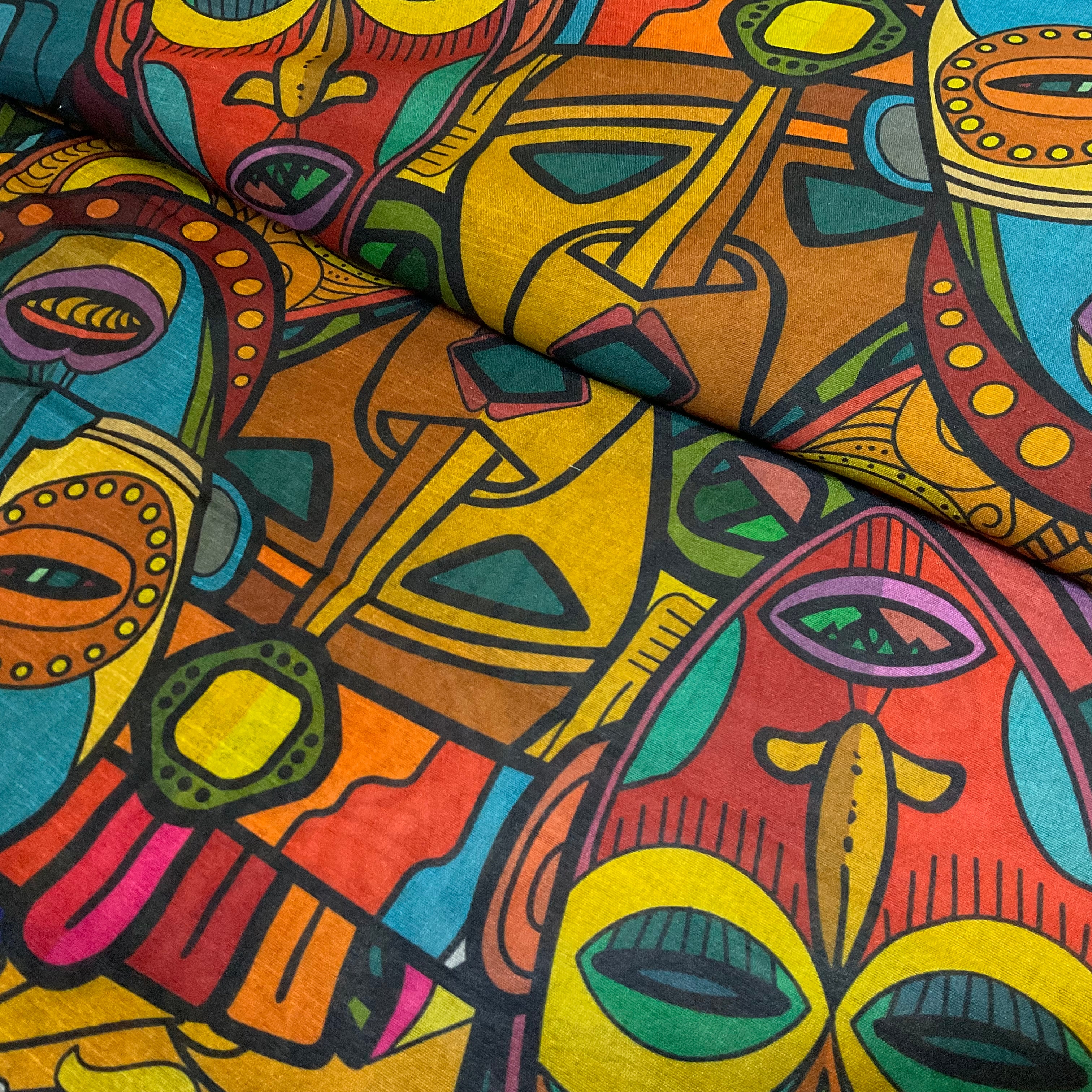 Bold Tribal carnival ethnic cultural abstract faux mango silk Dress fabric M2046-11