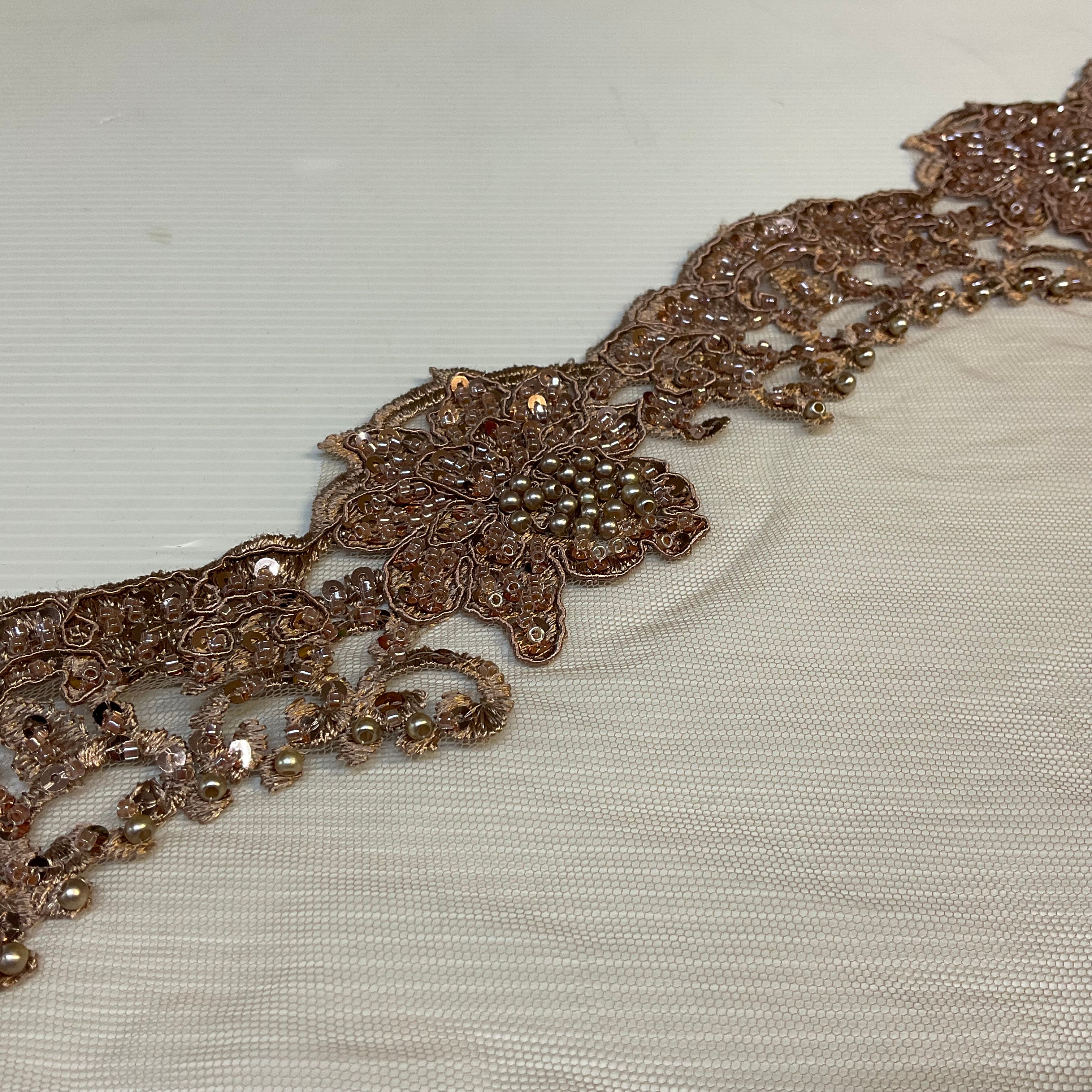 Mink Beaded Embroidered Mesh Lace Fabric 99cm - Bridal & Occasionwear M2077