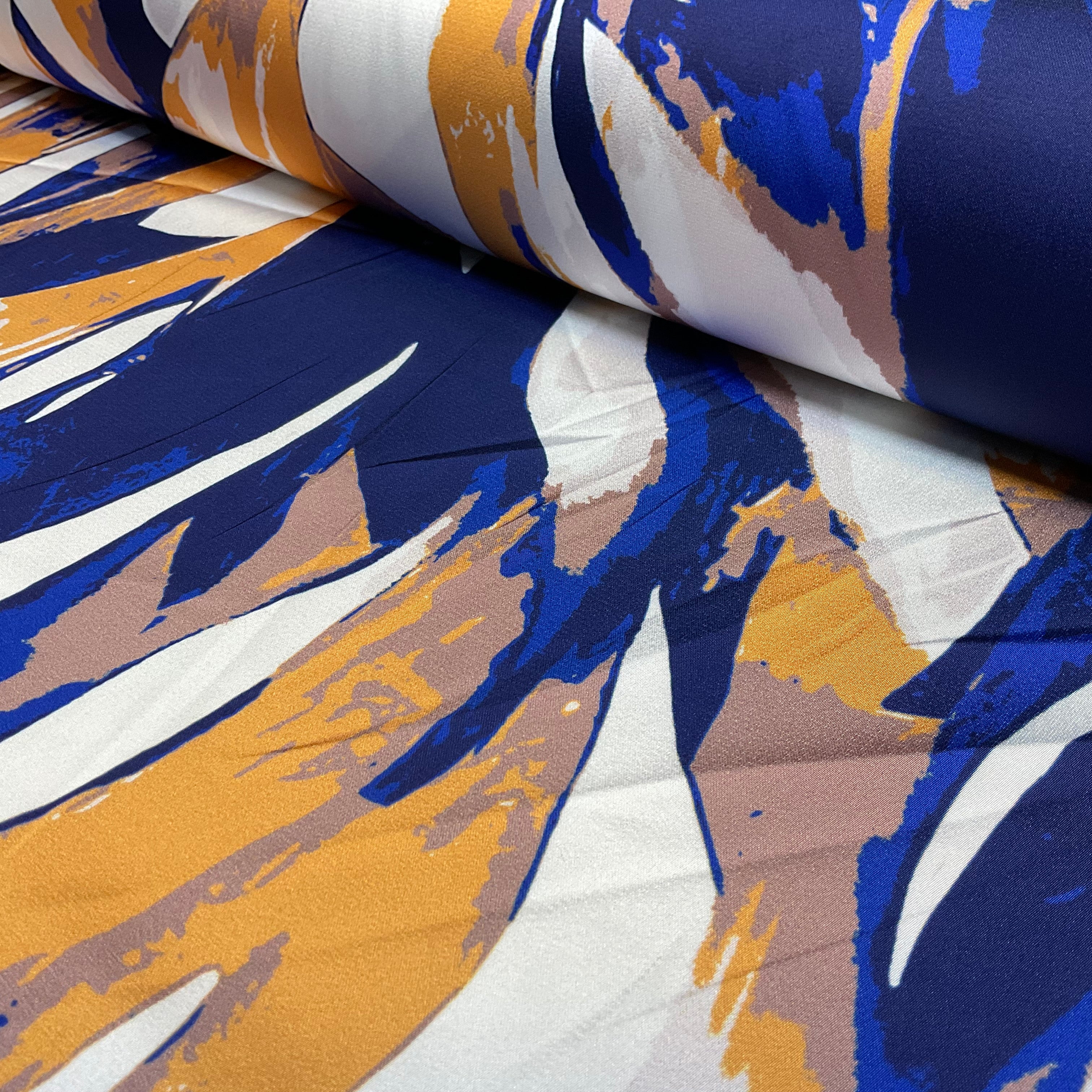 Navy Caramel abstract brushstroke satin spandex dress fabric M2056