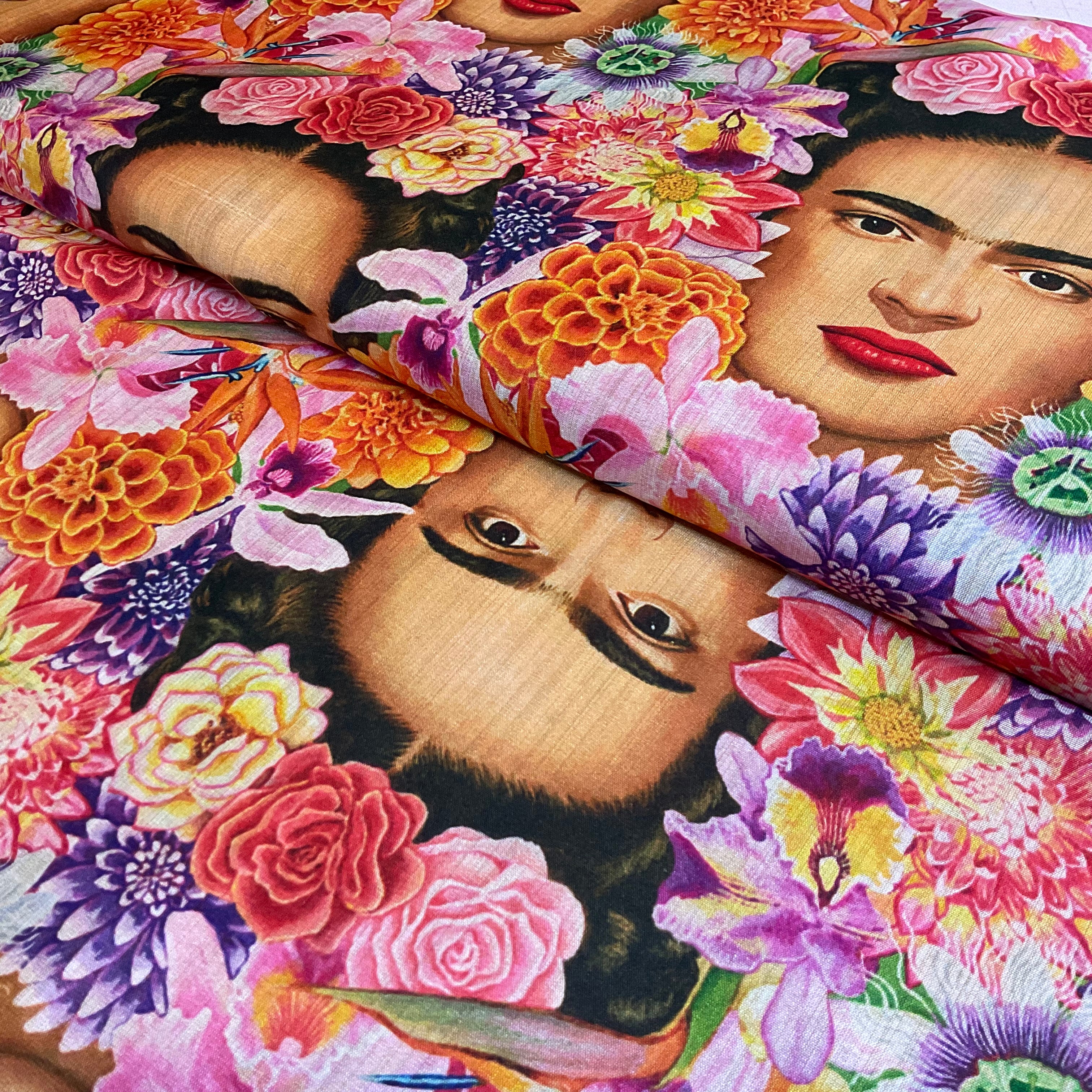 Vibrant Blossoms floral Orange and pink Mexican theme inspired faux mango silk Dress fabric M2047-1