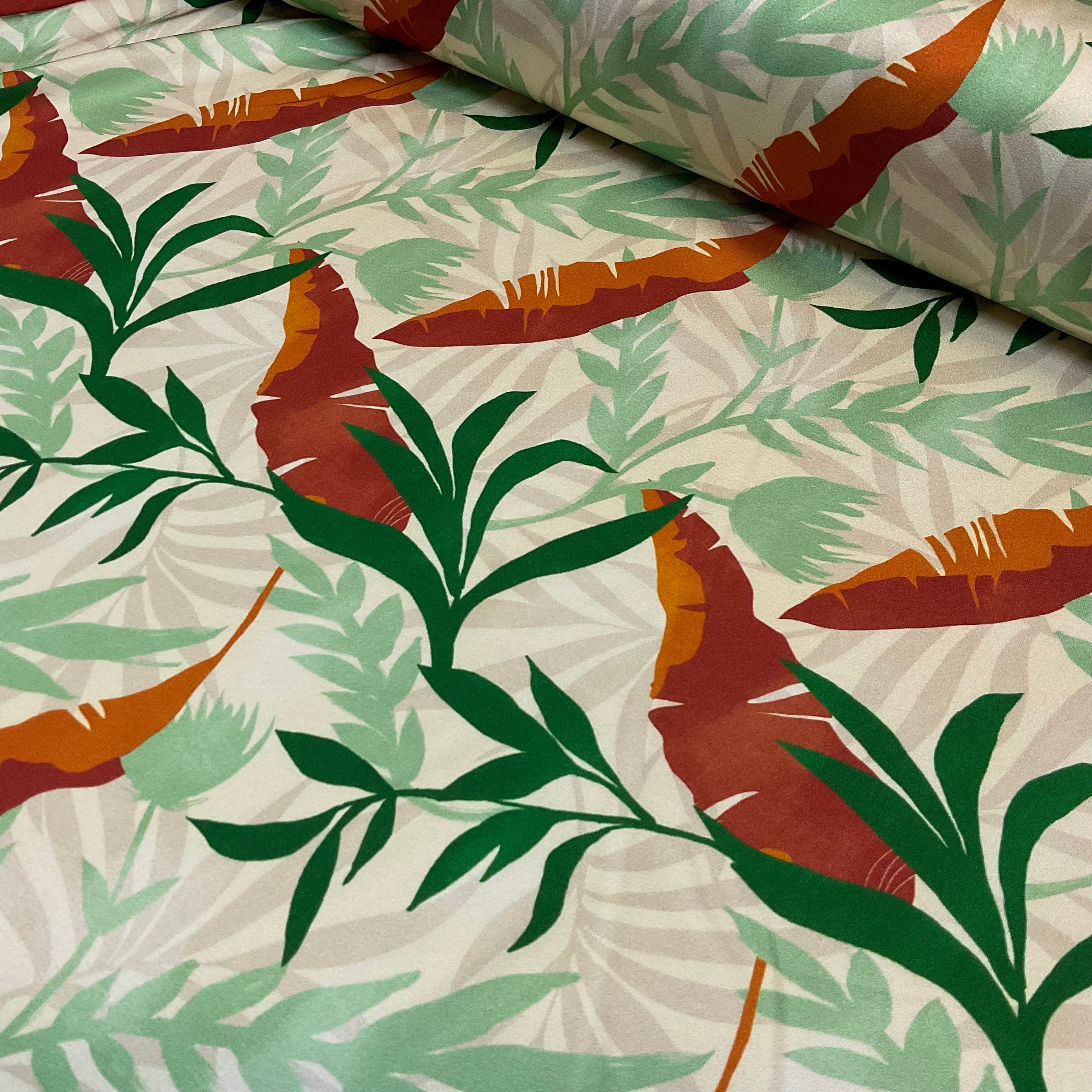 Emerald Rust Large floral tropical leaves silky satin soft spandex dress fabric M2053-2