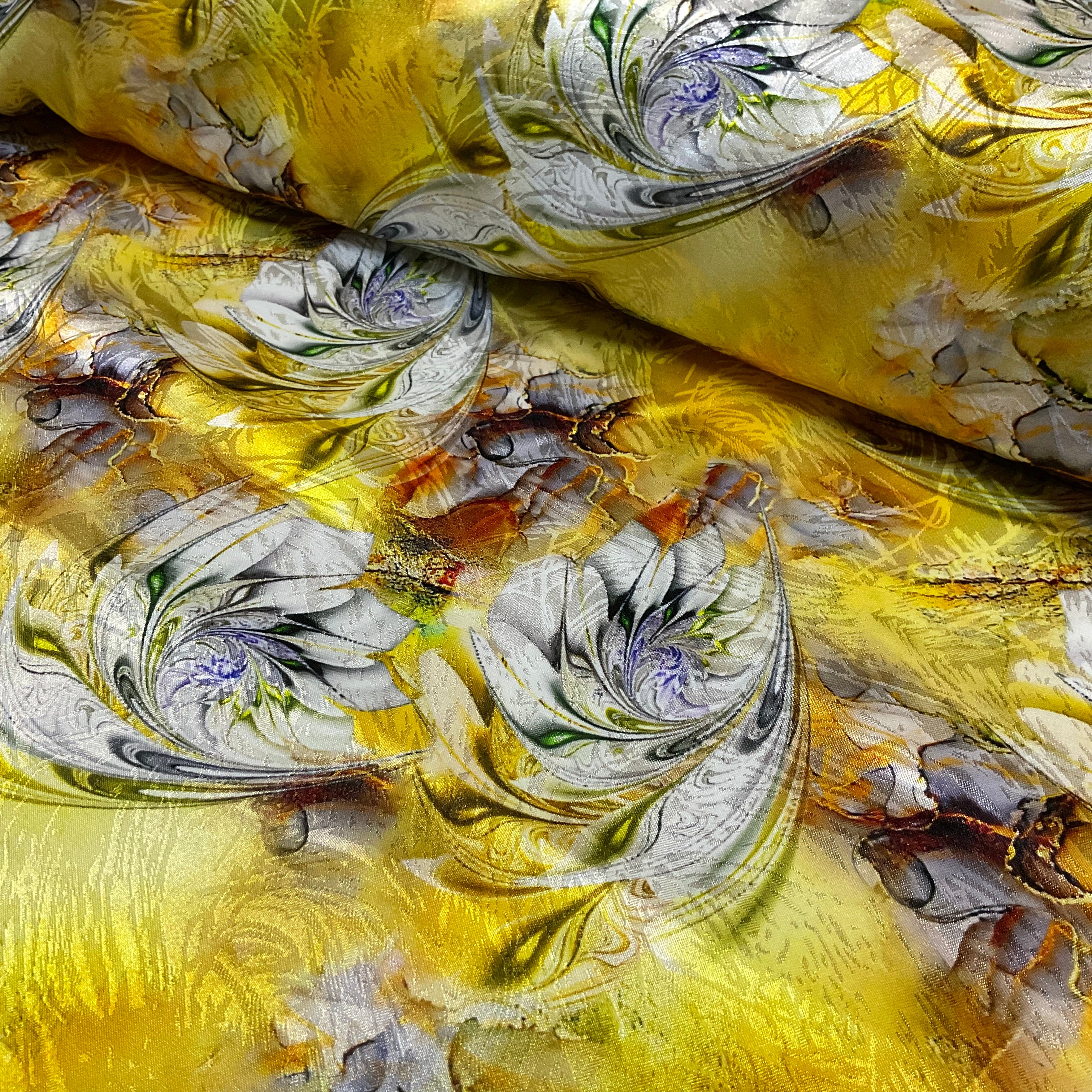 Yellow golden marble swirl floral abstract silky satin jacquard soft spandex dress fabric M2061-2