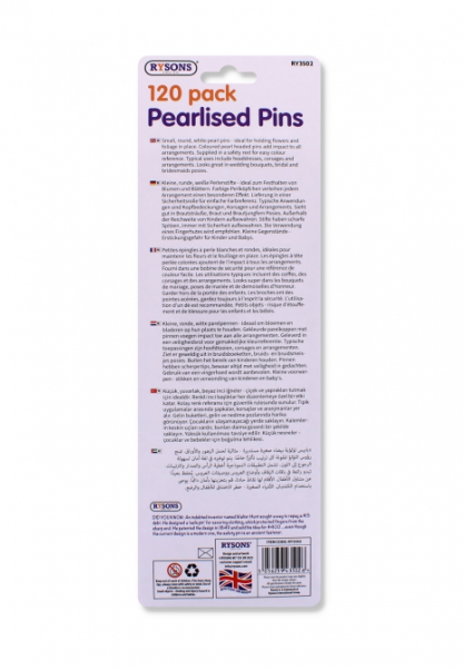 Packaging of Rysons 120 pack Pearlised Pins on a white background