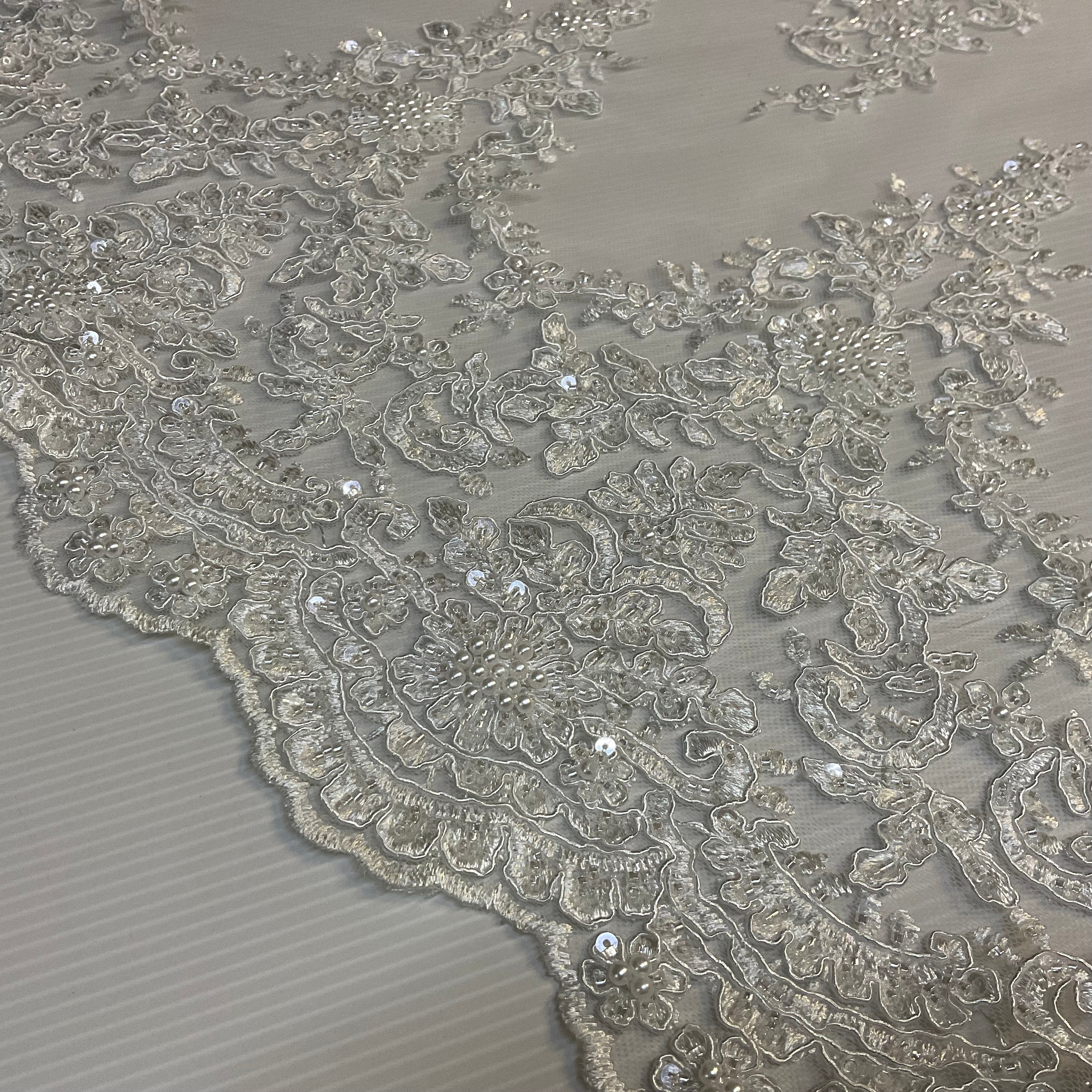 Ivory Beaded Embroidered Mesh Lace Fabric - Bridal & Occasionwear M2076