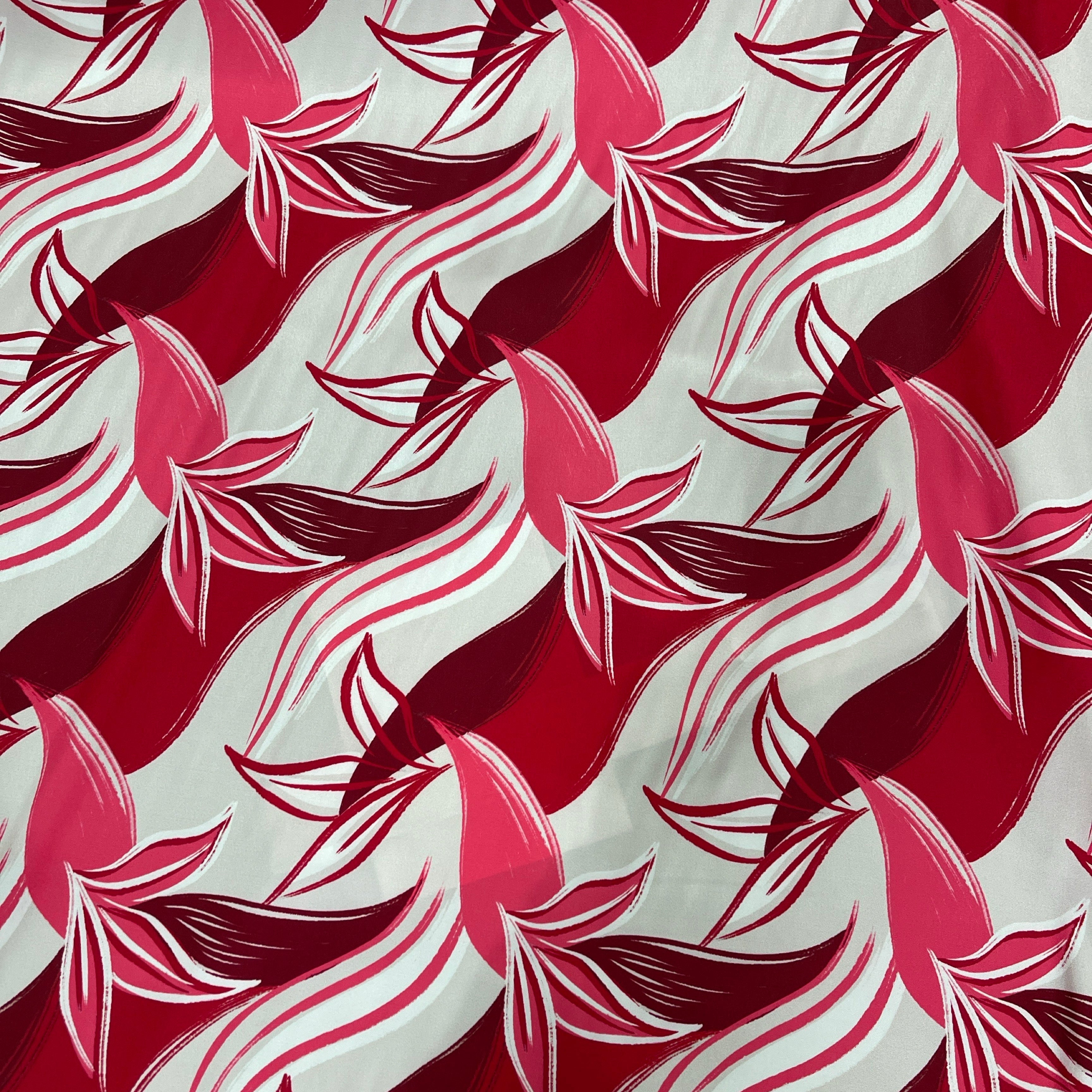 Crimson rose and pink artistic leaf brushstroke silky satin jacquard soft spandex dress fabric M2057-2