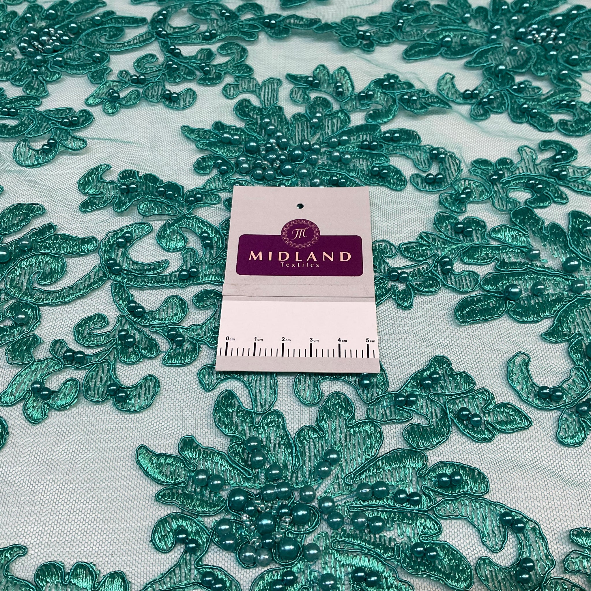 Jade green corded embroidery lace with jade faux pearls - Double scalloped border Fabric -M1400-33