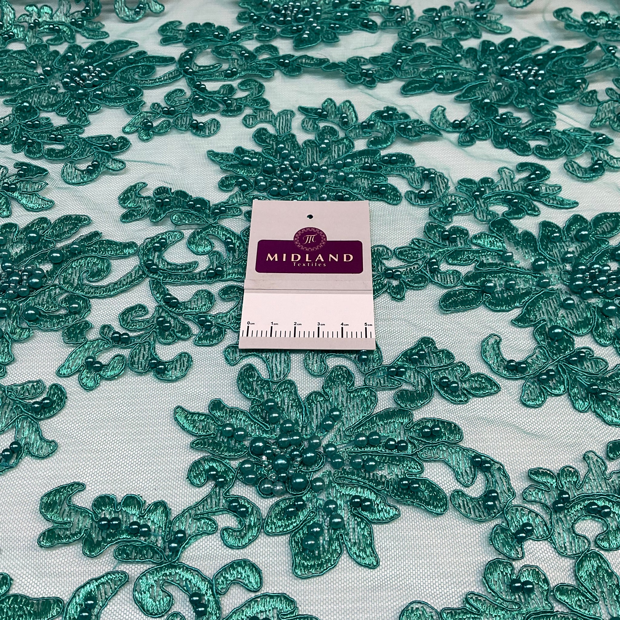 Jade green corded embroidery lace with jade faux pearls - Double scalloped border Fabric -M1400-33