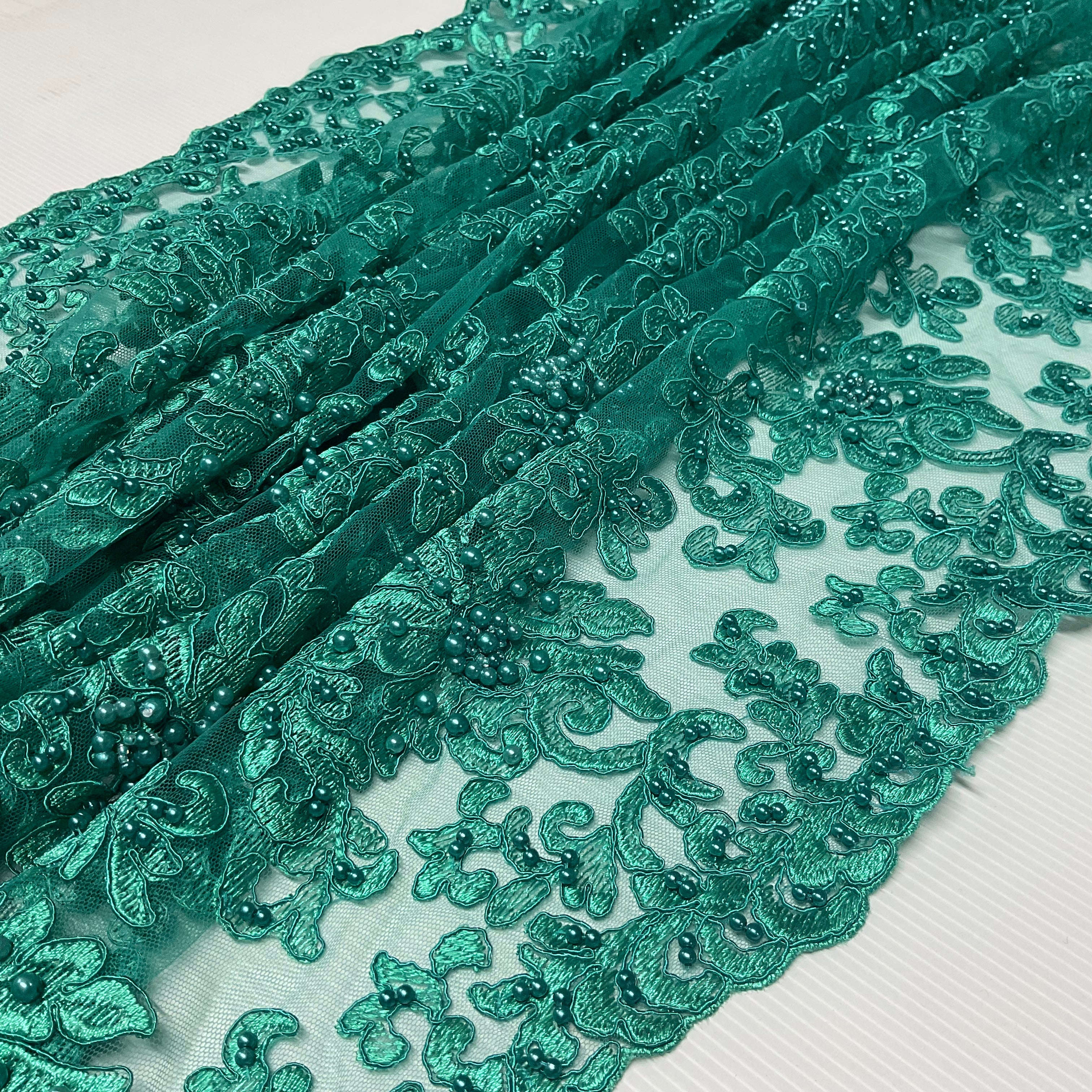 Jade green corded embroidery lace with jade faux pearls - Double scalloped border Fabric -M1400-33