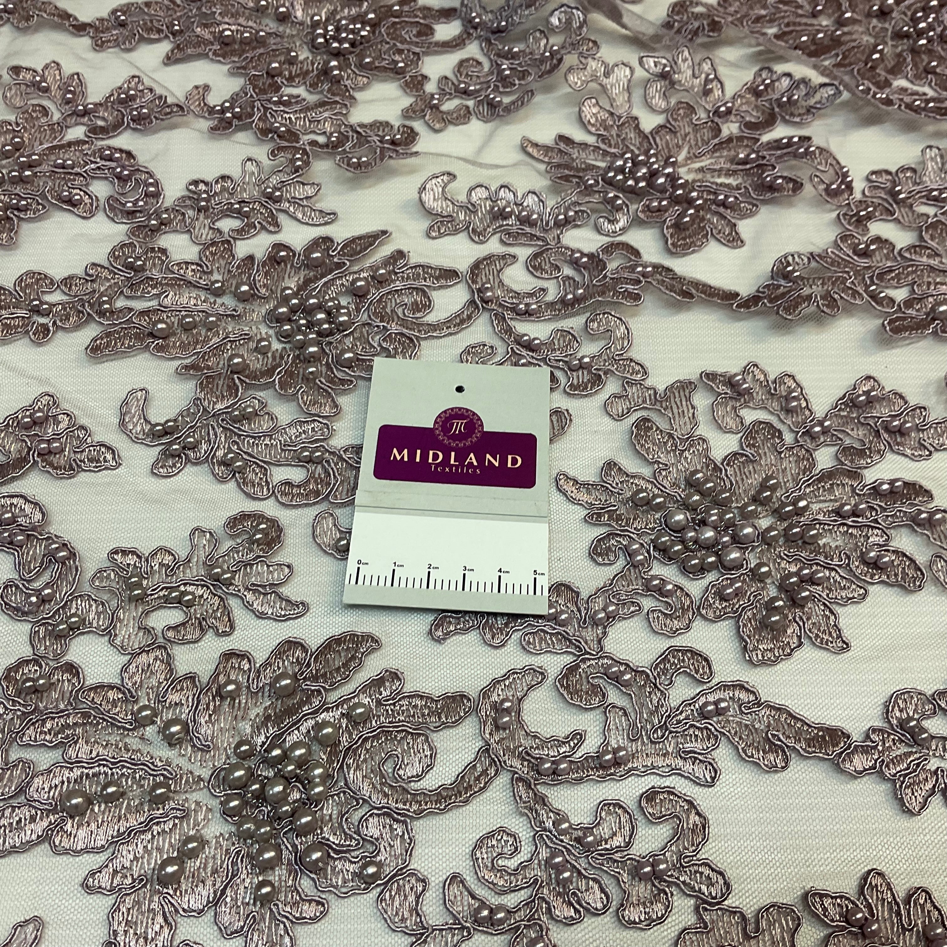 Mauve corded embroidery lace with mauve faux pearls - Double scalloped border Fabric -M1400-34