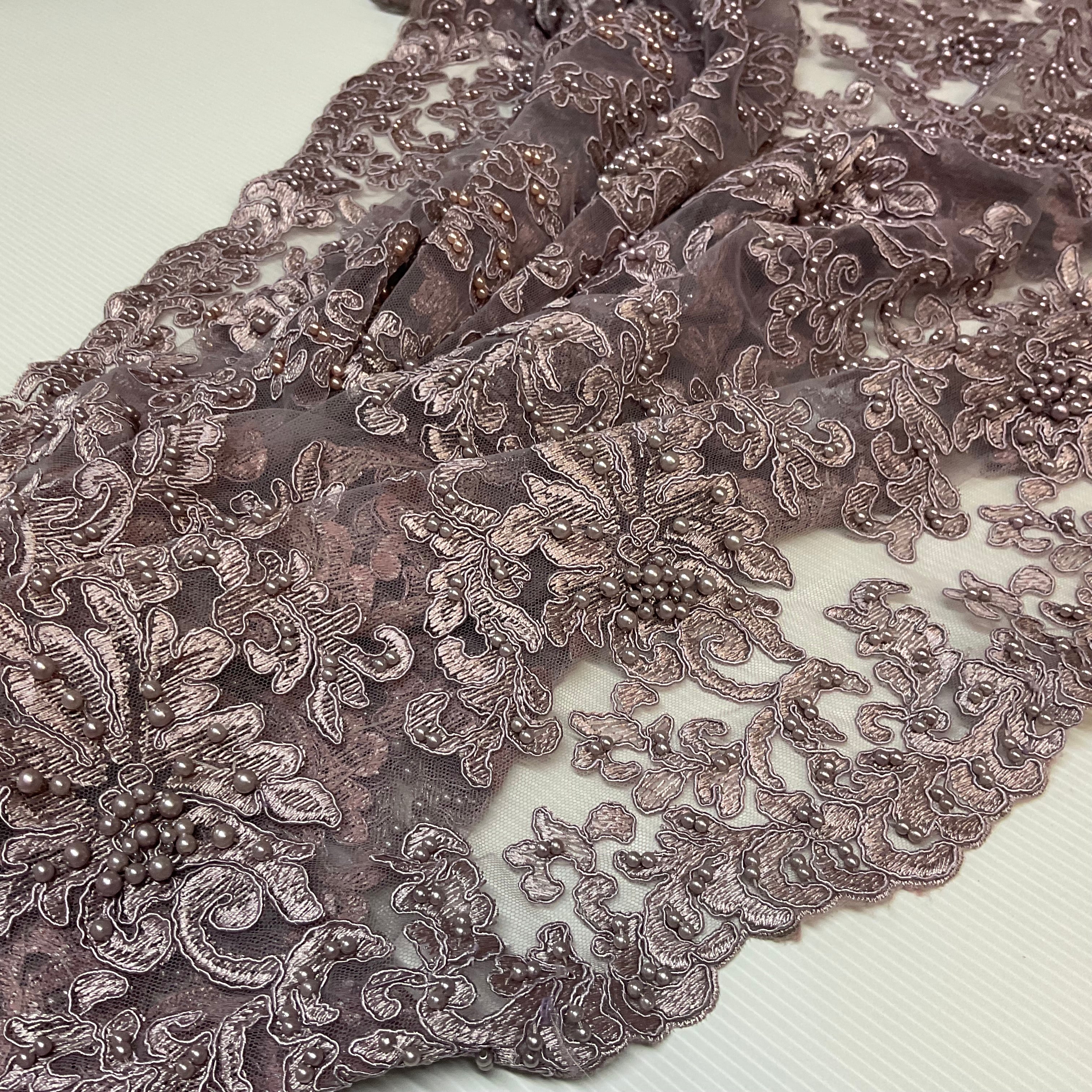 Mauve corded embroidery lace with mauve faux pearls - Double scalloped border Fabric -M1400-34