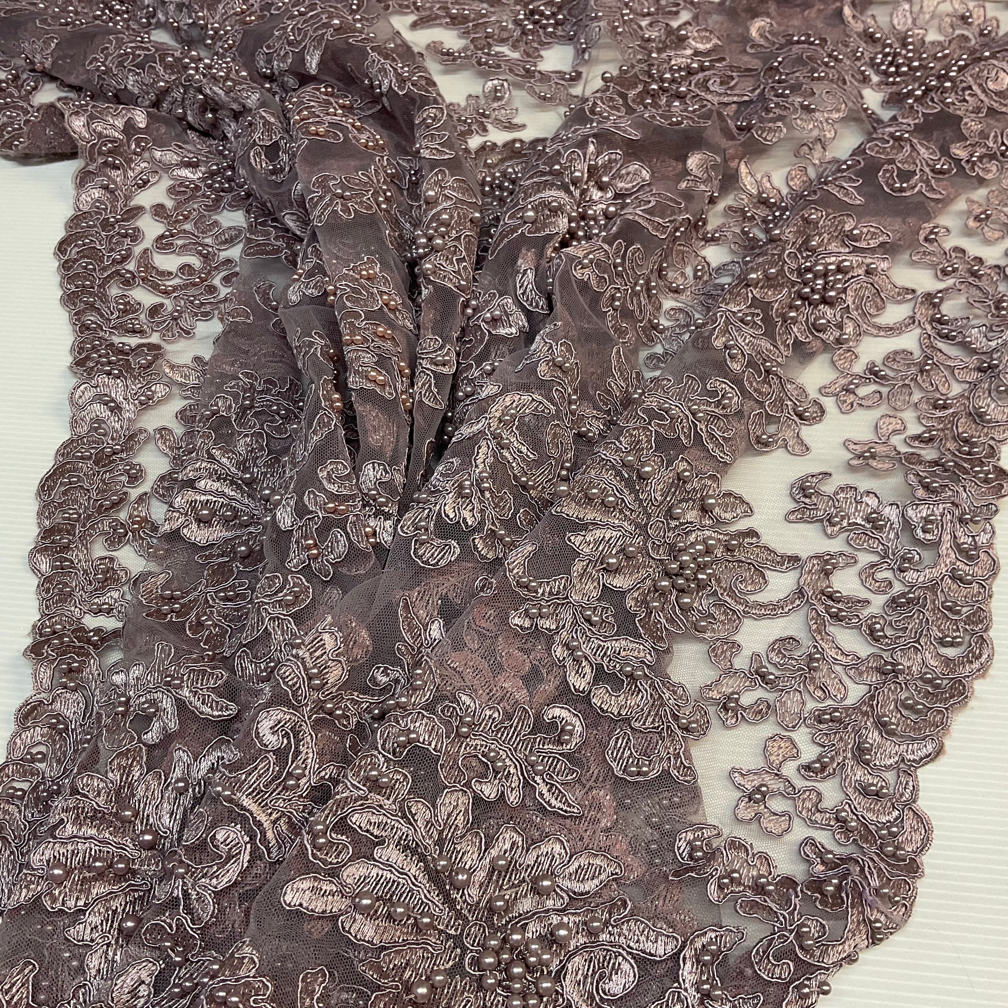 Mauve corded embroidery lace with mauve faux pearls - Double scalloped border Fabric -M1400-34