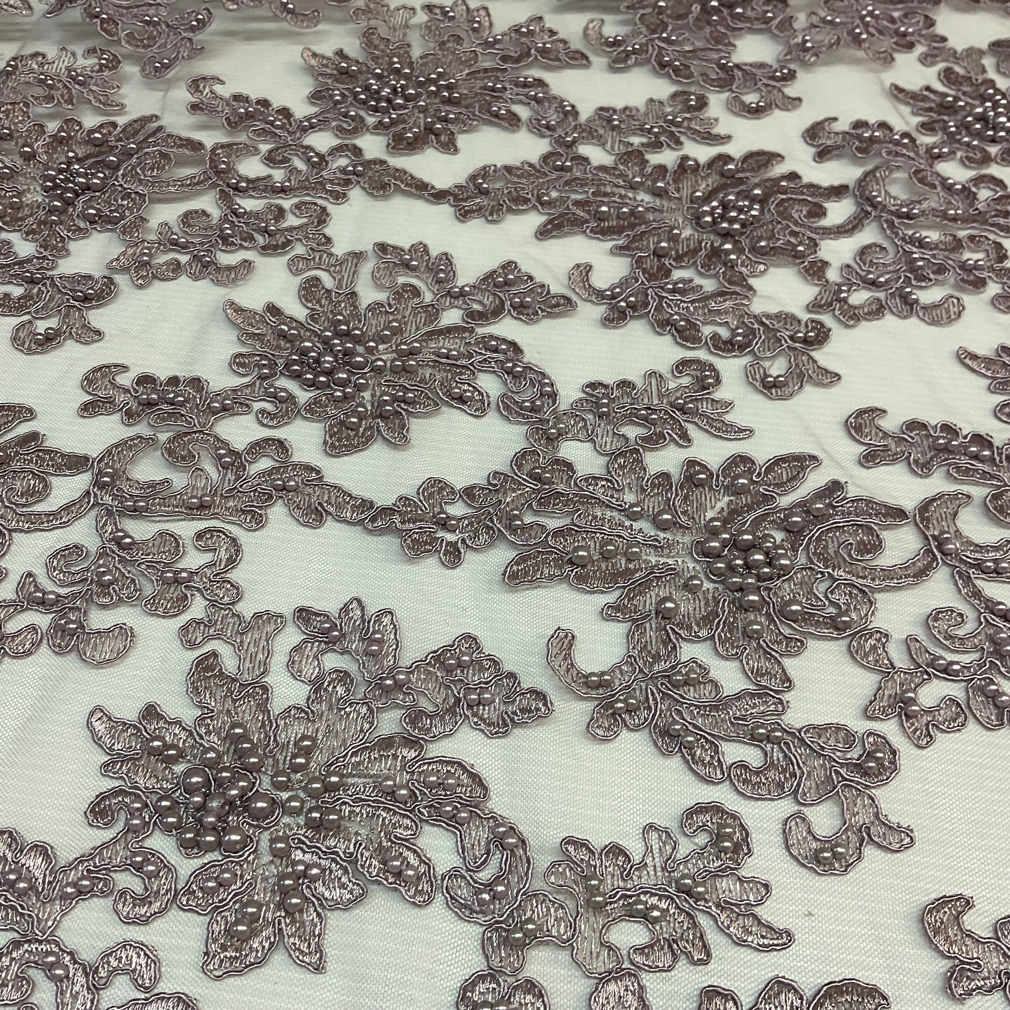 Mauve corded embroidery lace with mauve faux pearls - Double scalloped border Fabric -M1400-34