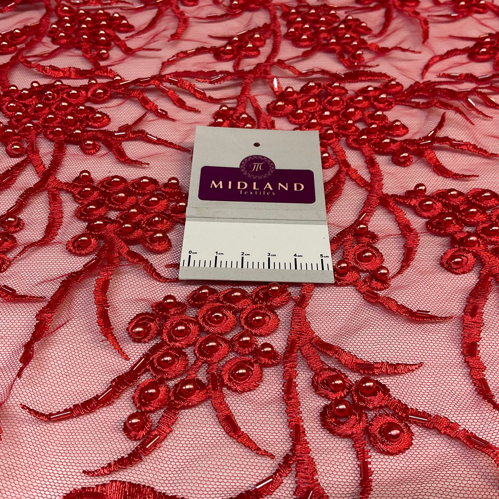 Red embroidery lace with redfaux pearls and red bungle beads - Double scalloped border Fabric - M1400-35