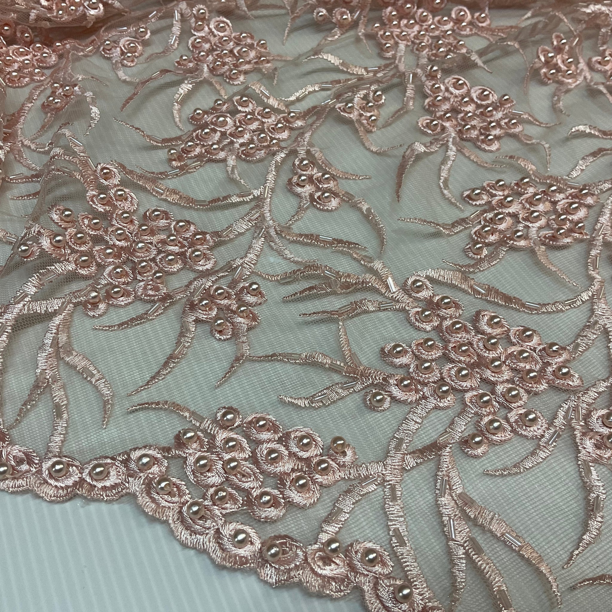 Pale Pink embroidery lace with pale pink faux pearls and pale pink bungle beads - Double scalloped border Fabric - M1400-36