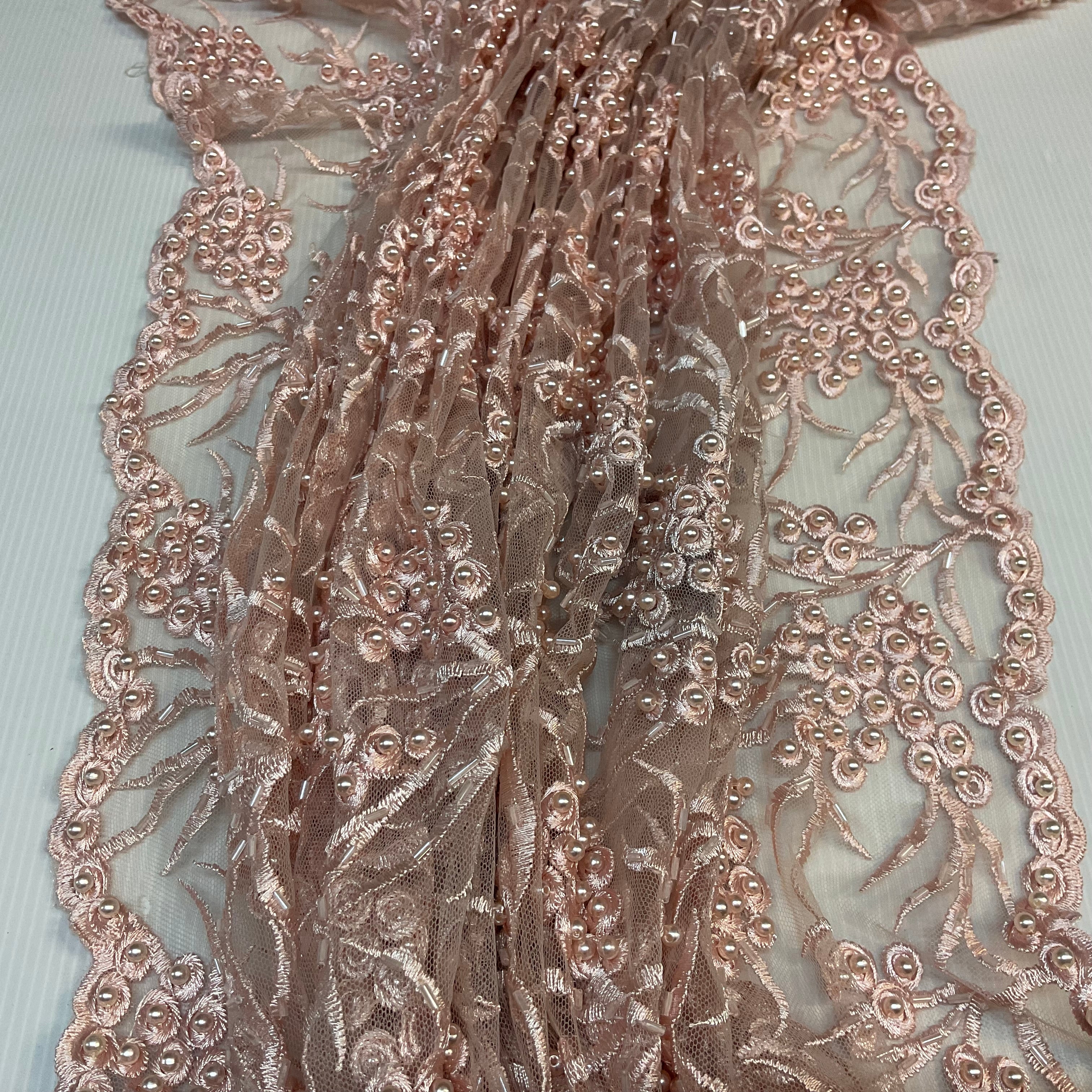 Pale Pink embroidery lace with pale pink faux pearls and pale pink bungle beads - Double scalloped border Fabric - M1400-36