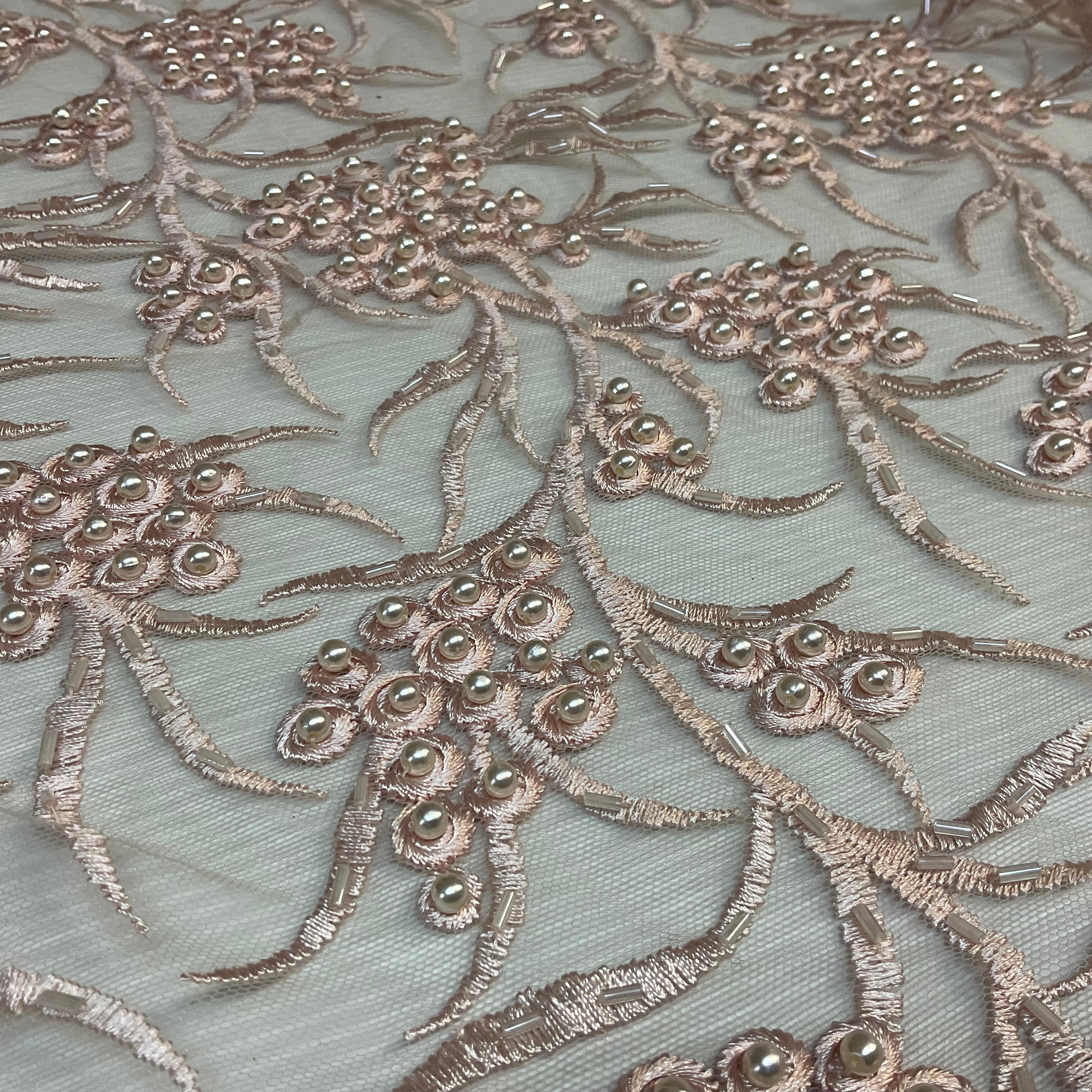 Blush embroidery lace with Blush faux pearls and Blush bungle beads - Double scalloped border Fabric - M1400-37