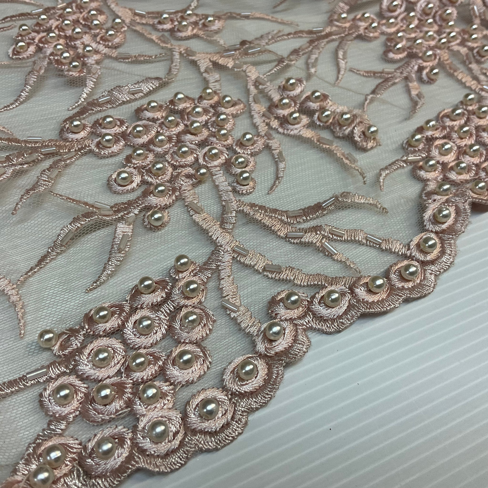 Blush embroidery lace with Blush faux pearls and Blush bungle beads - Double scalloped border Fabric - M1400-37