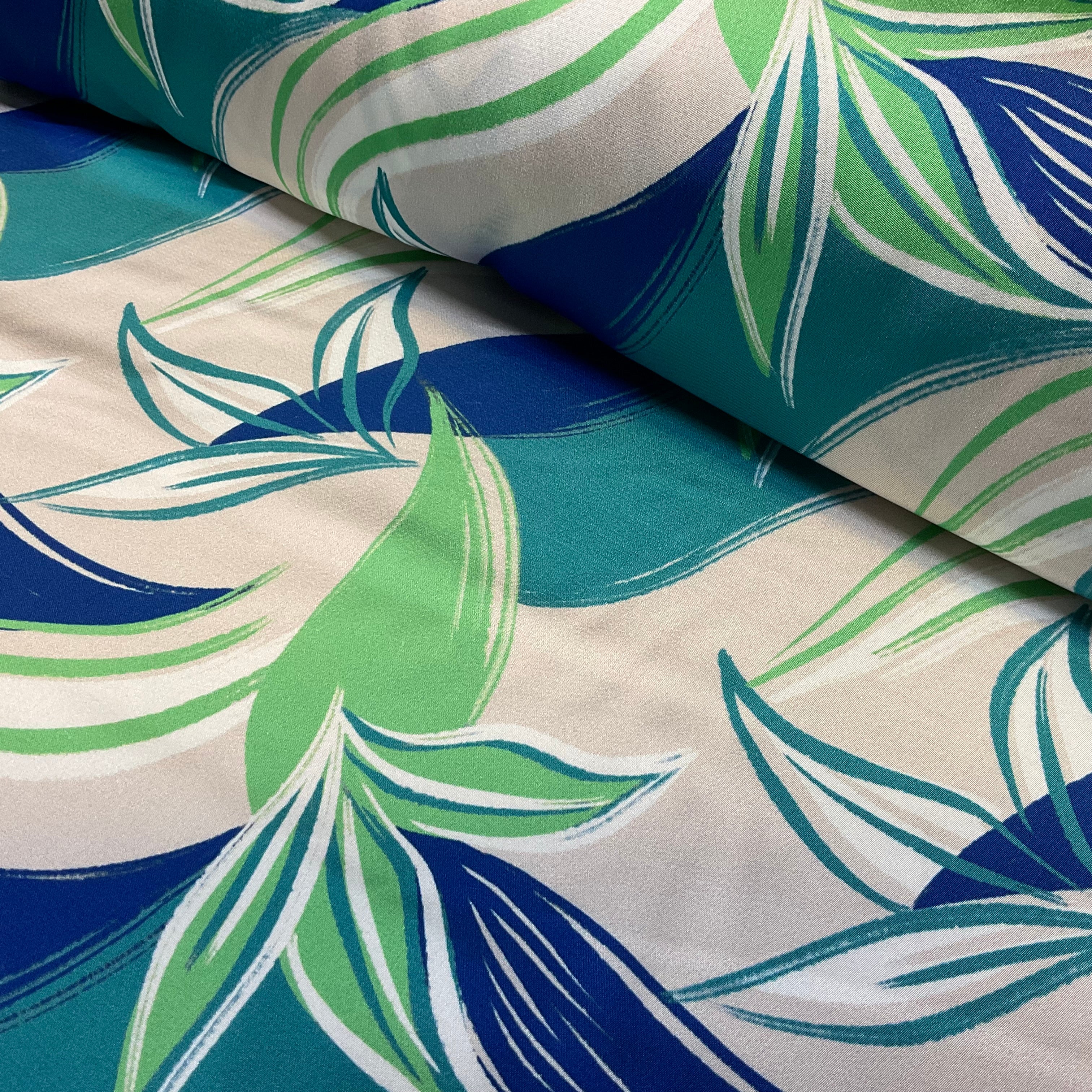 Aqua Blue artistic leaf brushstroke silky satin jacquard soft spandex dress fabric M2057-3