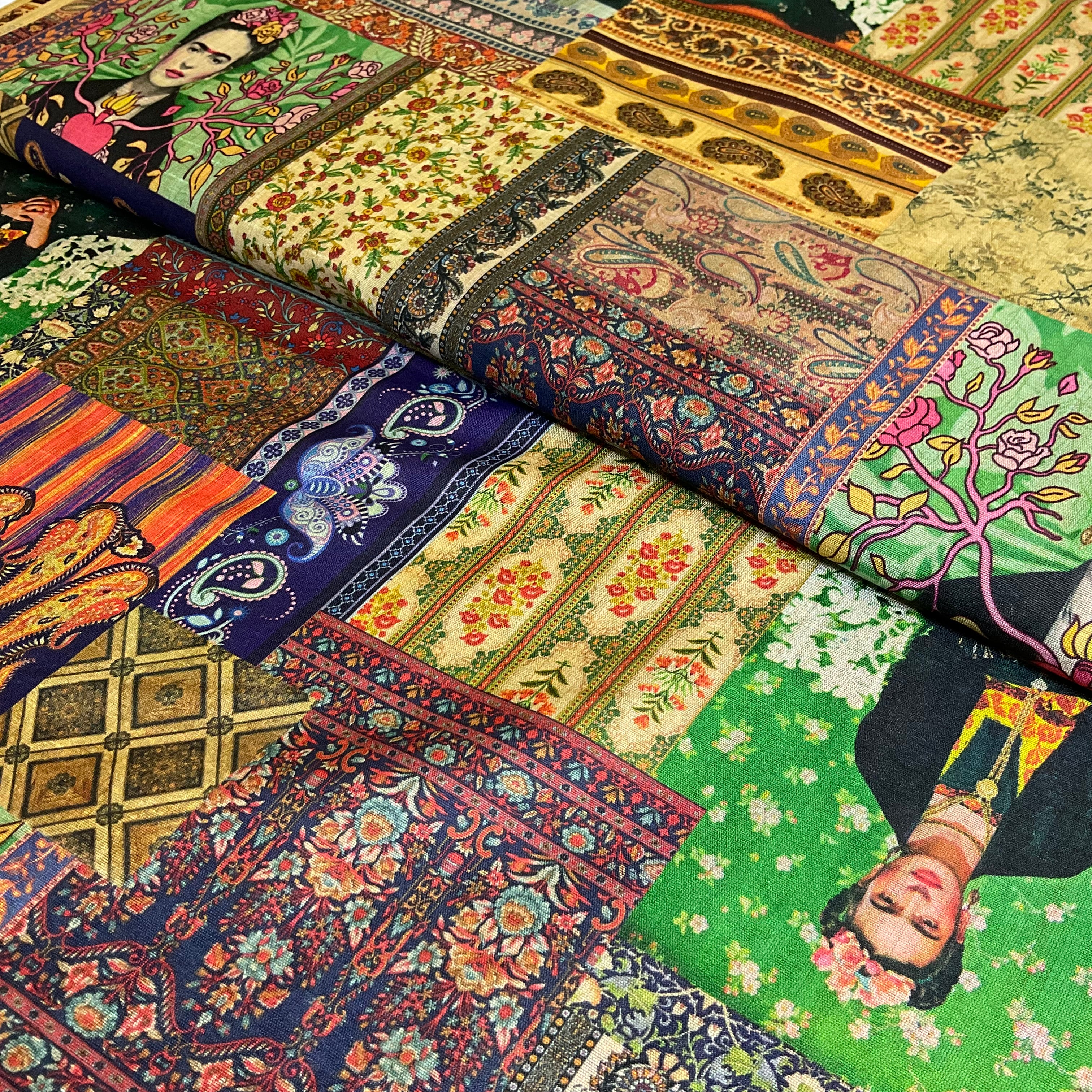 Vibrant Green Navy Potrait Panel Mexican theme inspired faux mango silk Dress fabric M2047-3