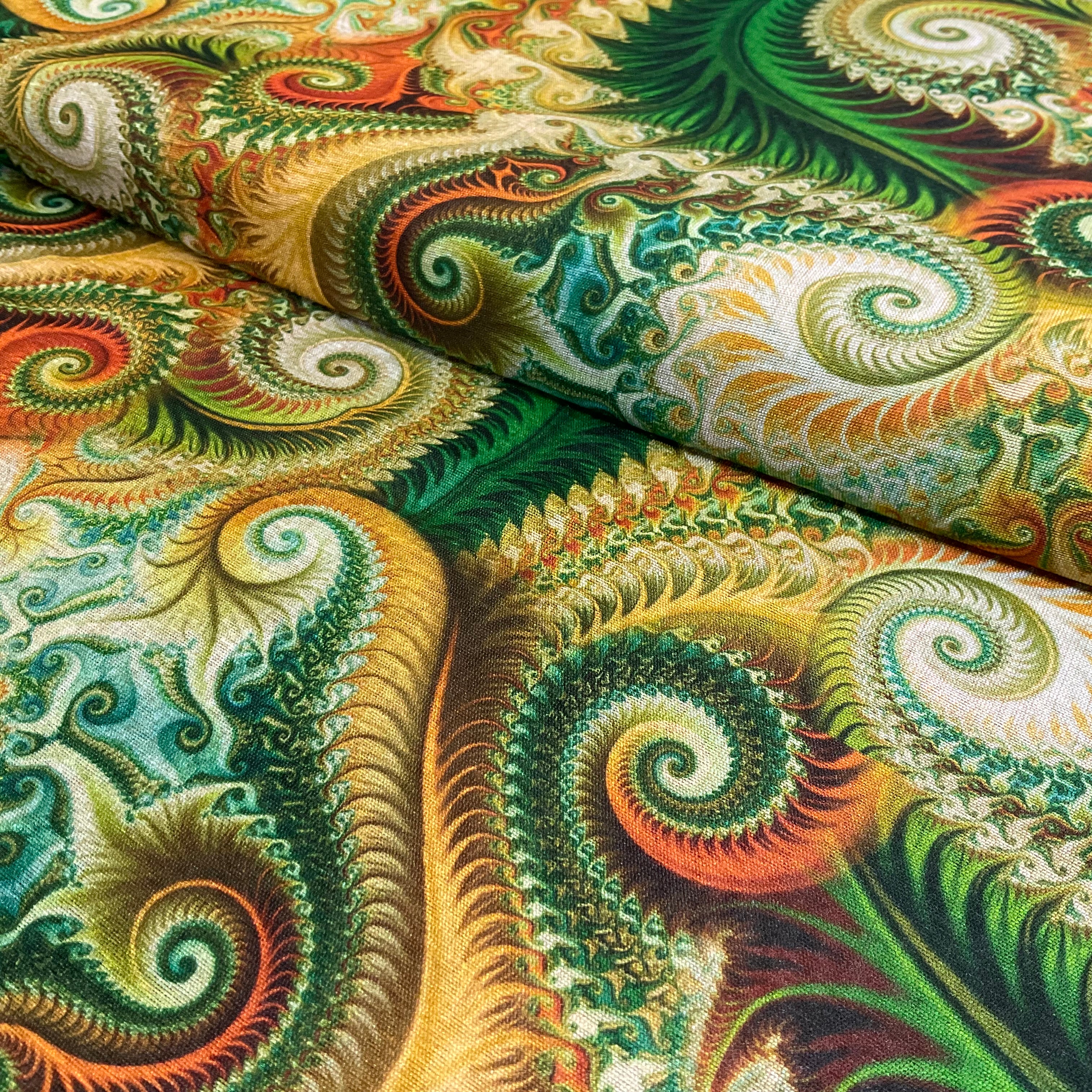 Fractal swirl abstract paisley Green gold faux mango silk Dress fabric M2046-4
