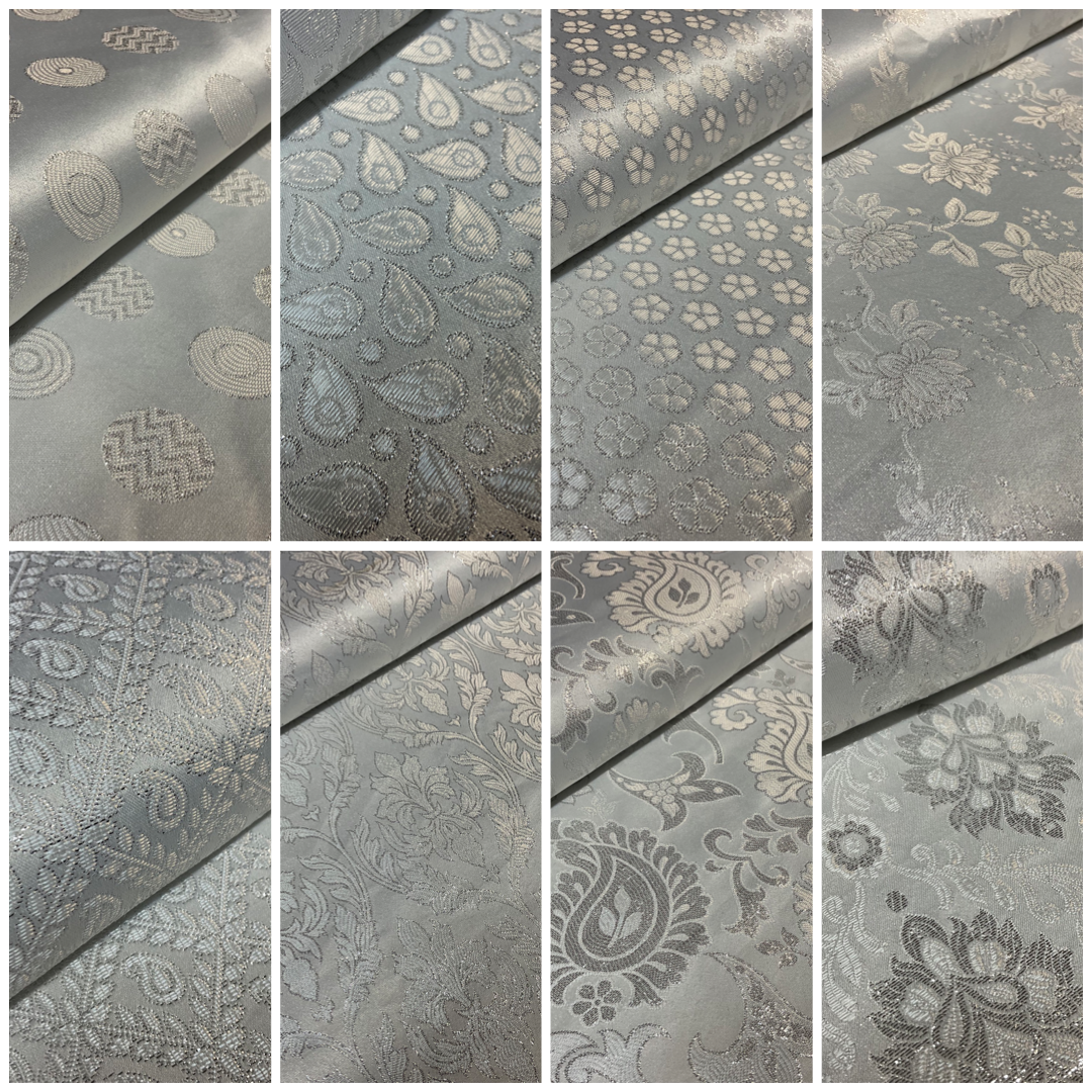White Silver Floral Geometric Mixed Banarsi Brocade Fabric 111cm wide M1691
