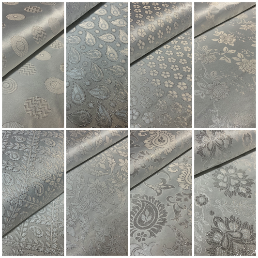White Silver Floral Geometric Mixed Banarsi Brocade Fabric 111cm wide M1691