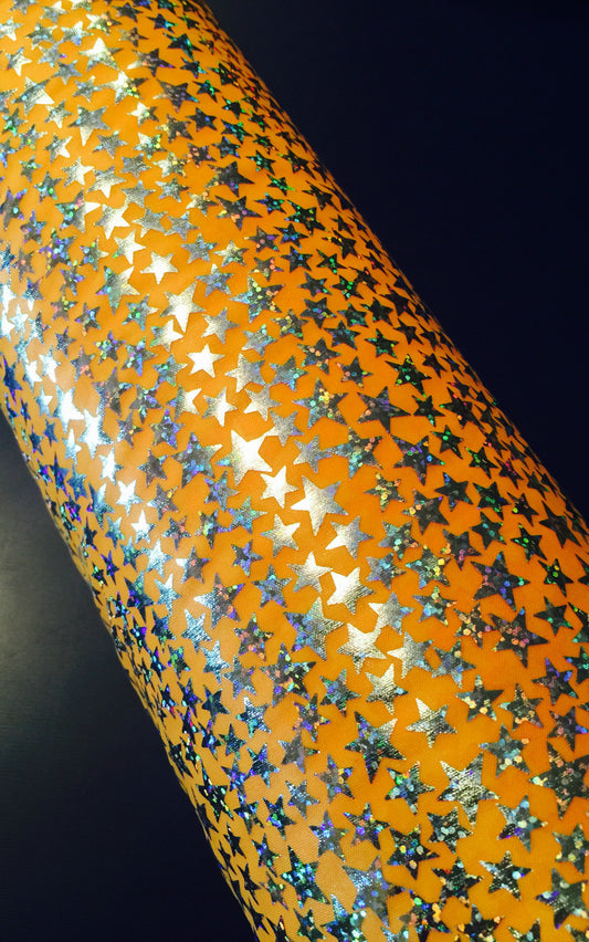 £1.99/m Sliver Hologram Star print on orange Foil Print Stretch Fabric M7-3 Mtex