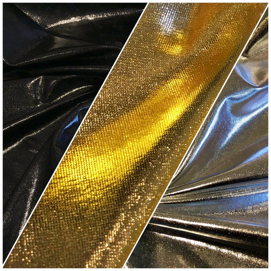 £5.99 Metallic Shiny Stretchy foil Polyester Nylon Spandex Mix 58" Wide M100