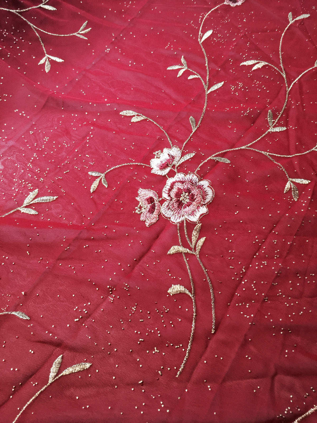 £5.99 Floral Embroidery with gold thread work metallic dewdrop on Georgette M320