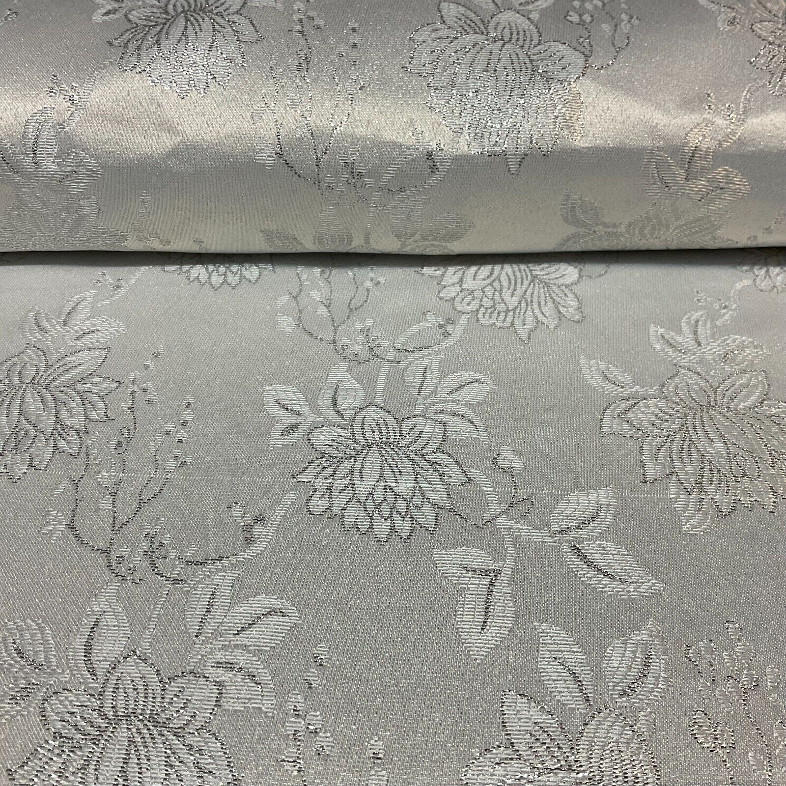 White Silver Floral Geometric Mixed Banarsi Brocade Fabric 111cm wide M1691