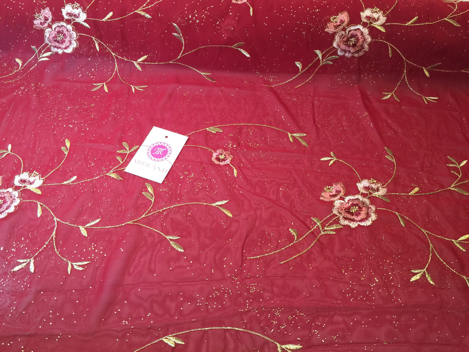 £5.99 Floral Embroidery with gold thread work metallic dewdrop on Georgette M320