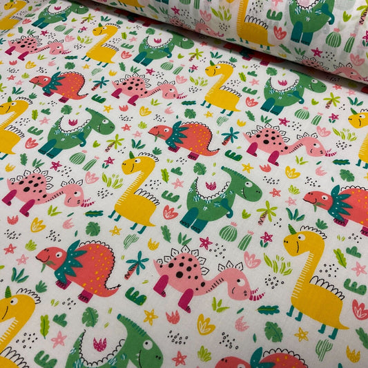 White Colourful Dinosaurs Children Poly cotton printed lightweight fabric M1642