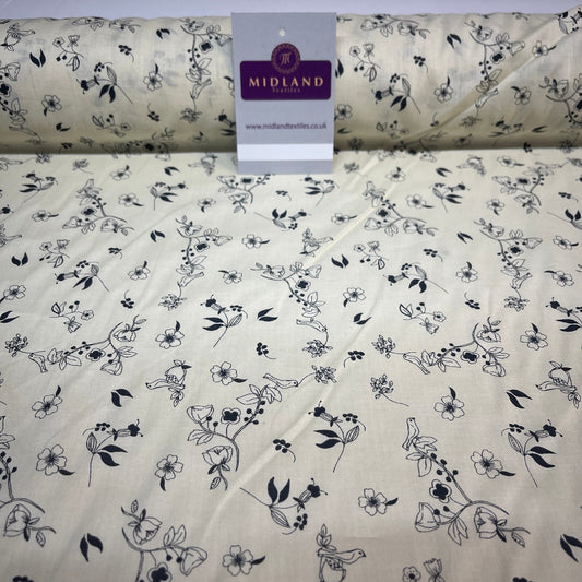 £5.99 Cream Bird Floral  100% Cotton Dress fabric M1400-49 Mtex