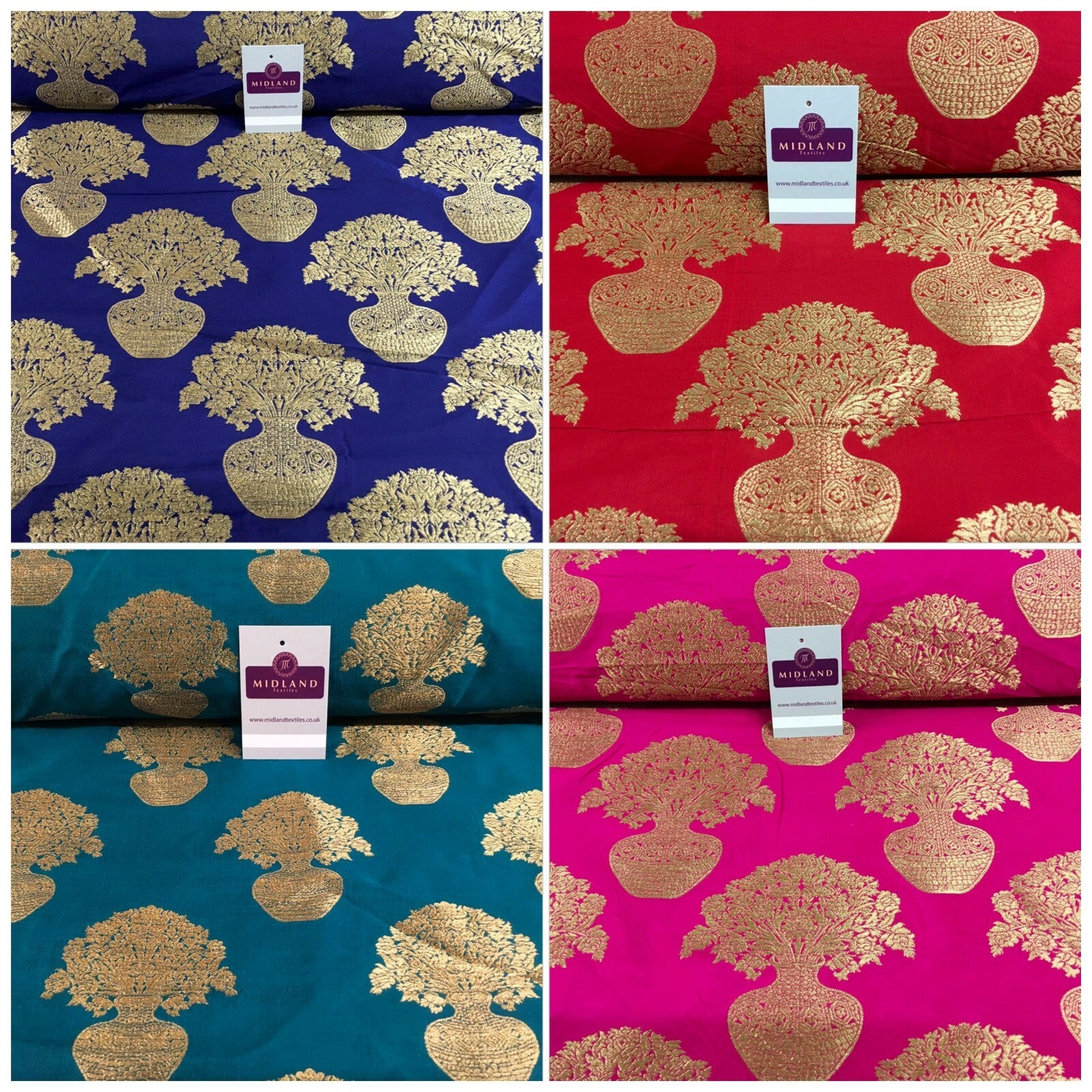 £12.99 Indian Gold Large Flower Vase Banarsi Brocade fabric 147 cm Wide MN1099