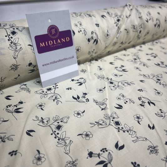 £5.99 Cream Bird Floral  100% Cotton Dress fabric M1400-49 Mtex