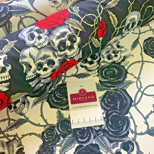 £5.99 Skull and roses printed 100% cotton poplin craft mask Fabric MD1399