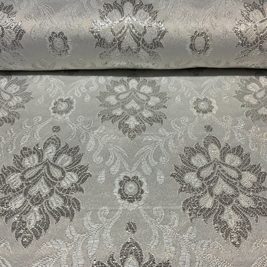 White Silver Floral Geometric Mixed Banarsi Brocade Fabric 111cm wide M1691