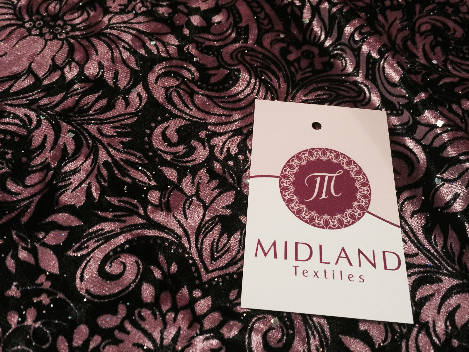 £6.99/m Ornamental Print two way Stretch Glitter Velvet 58' M16-10 and M16-11
