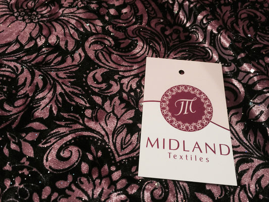 £6.99/m Ornamental Print two way Stretch Glitter Velvet 58" M16-10 and M16-11