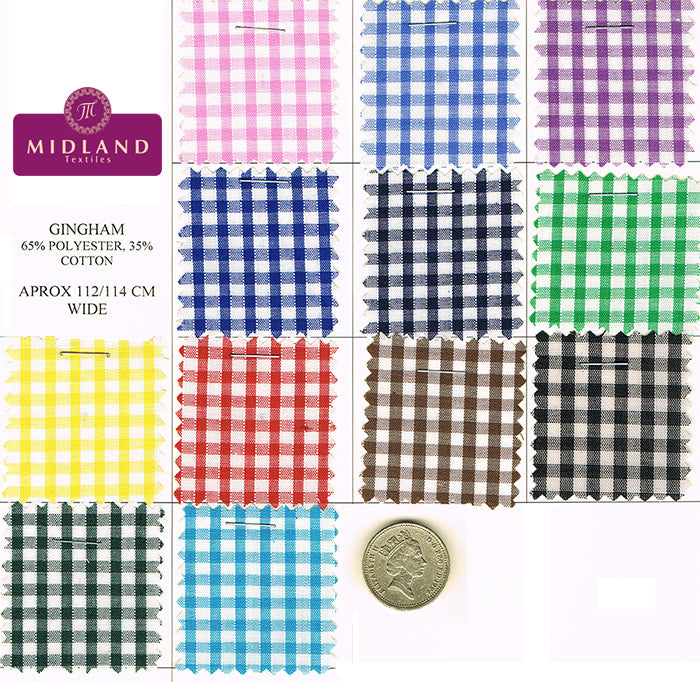 New 1/8 Gingham Polycotton Fabric  12 colours 44' wide Midtex M23 Mtex