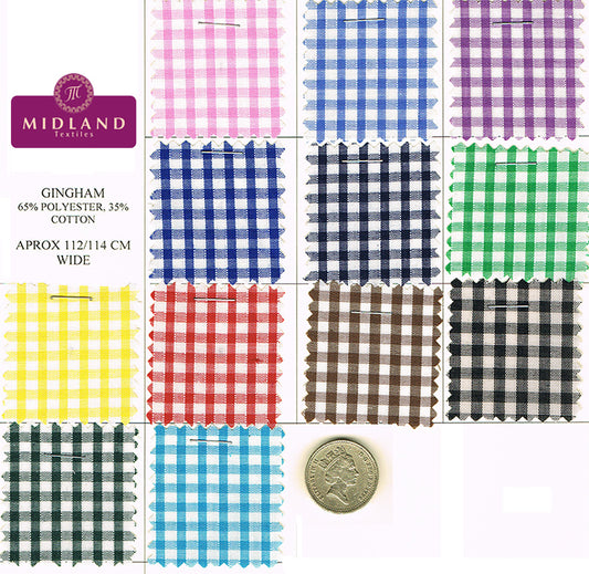 New 1/8 Gingham Polycotton Fabric  12 colours 44" wide Midtex M23 Mtex