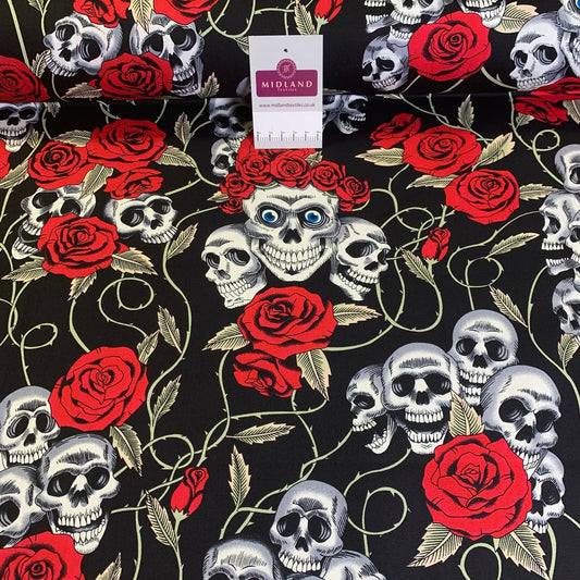 £5.99 Skull and roses printed 100% cotton poplin craft mask Fabric MD1399