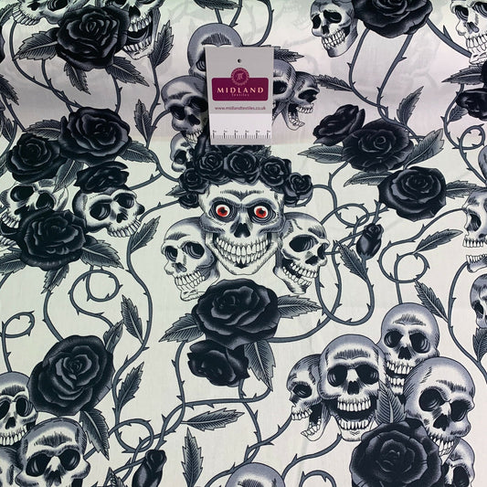 £5.99 Skull and roses printed 100% cotton poplin craft mask Fabric MD1399