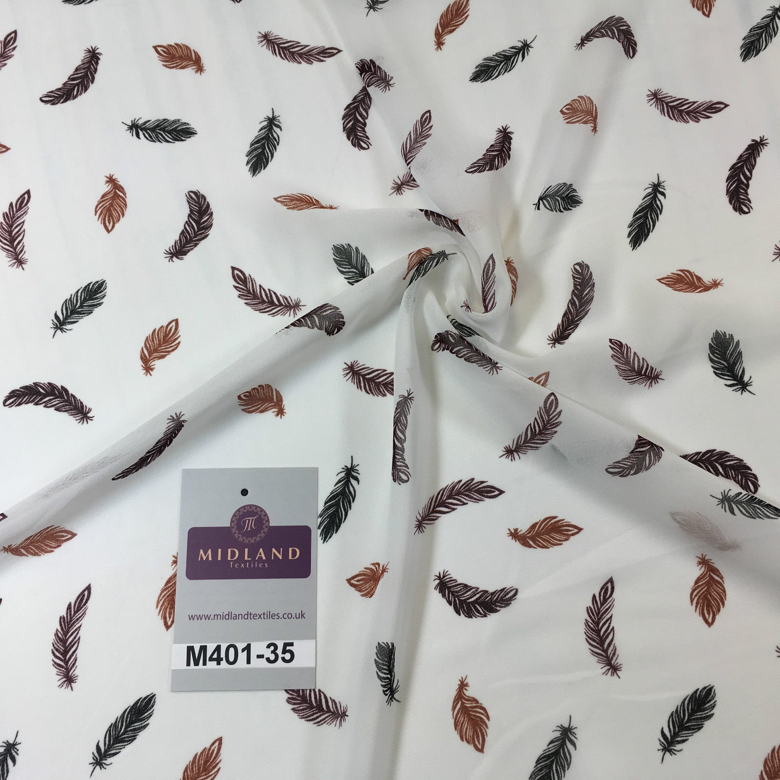 £2.99 Pearl White feather printed light chiffon georgette Fabric 58' M401-35