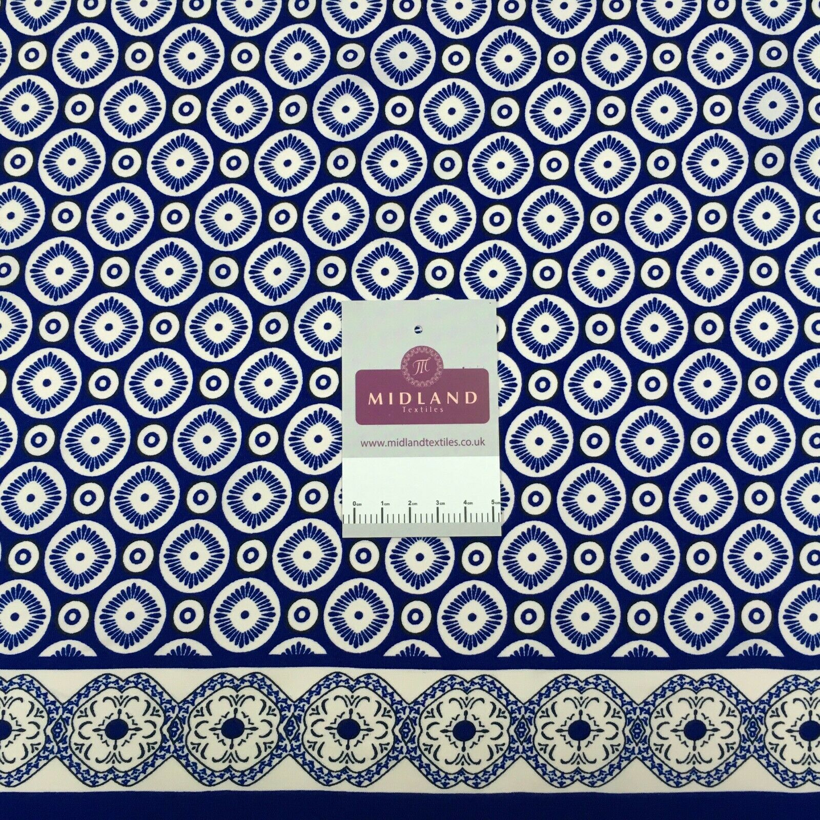 Royal Blue Geometric border Peach crepe Fabric M1400-1 Mtex