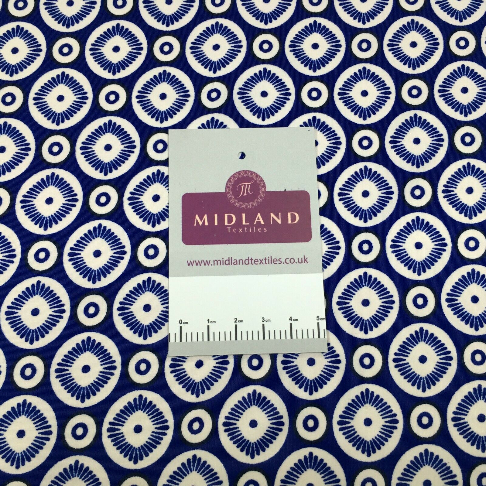 Royal Blue Geometric border Peach crepe Fabric M1400-1 Mtex