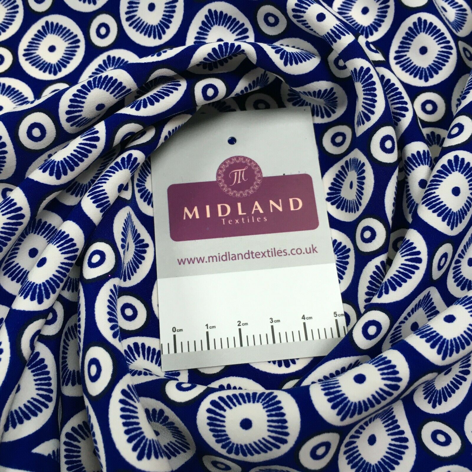 Royal Blue Geometric border Peach crepe Fabric M1400-1 Mtex