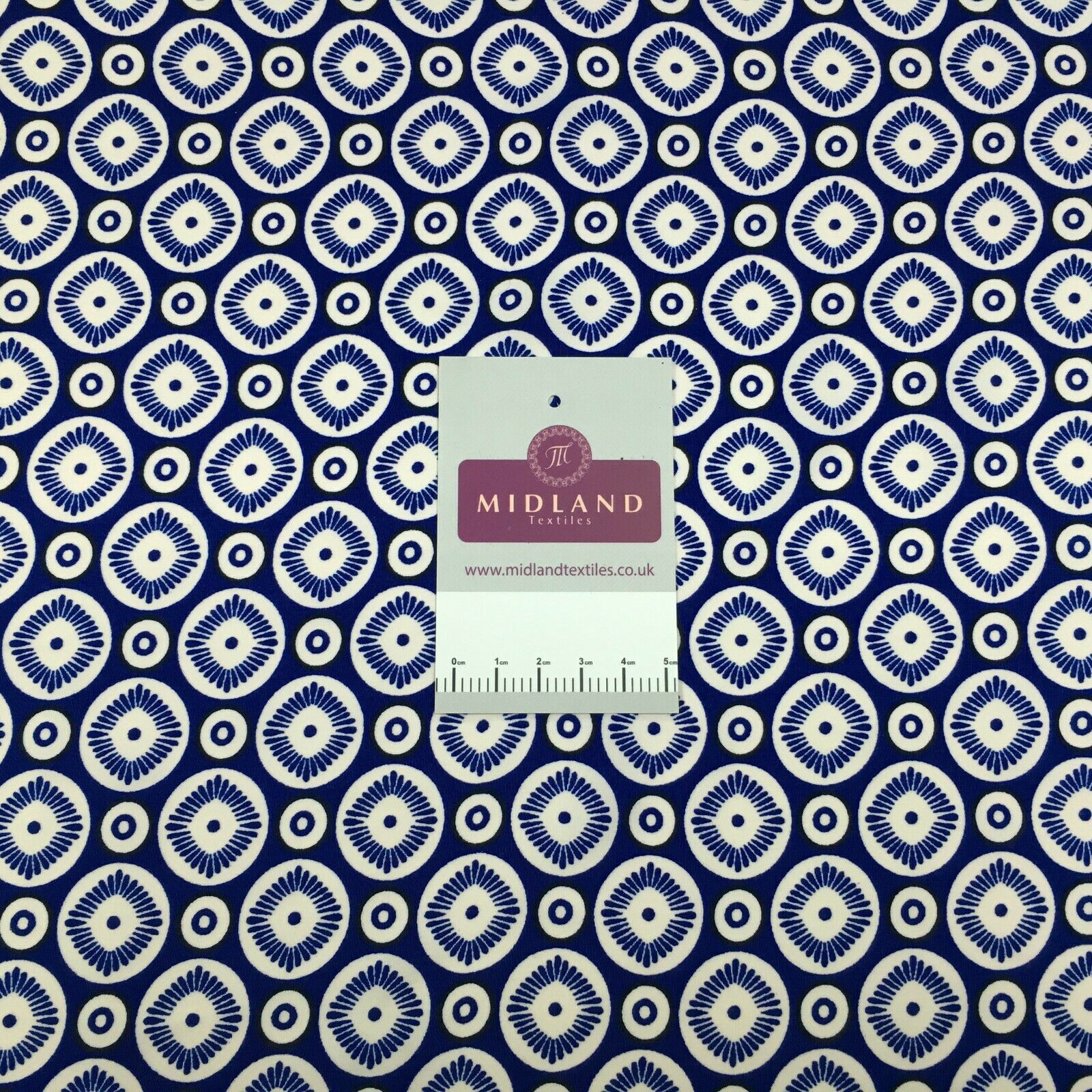 Royal Blue Geometric border Peach crepe Fabric M1400-1 Mtex