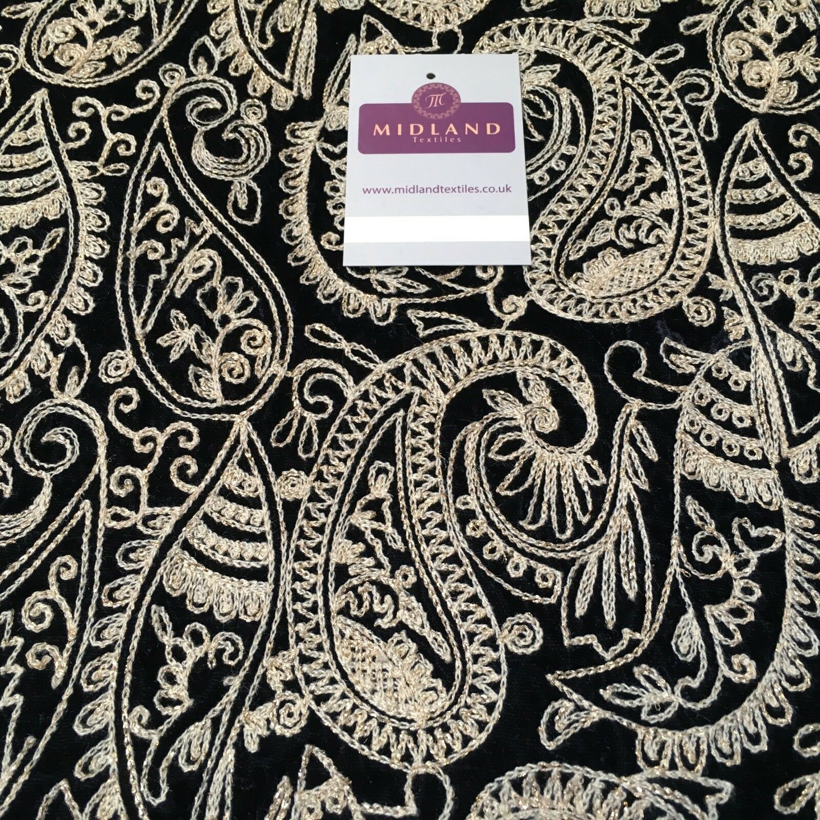 metallic thread Paisley Embroidered Micro Velvet Dress Fabric 40' M1038 Mtex