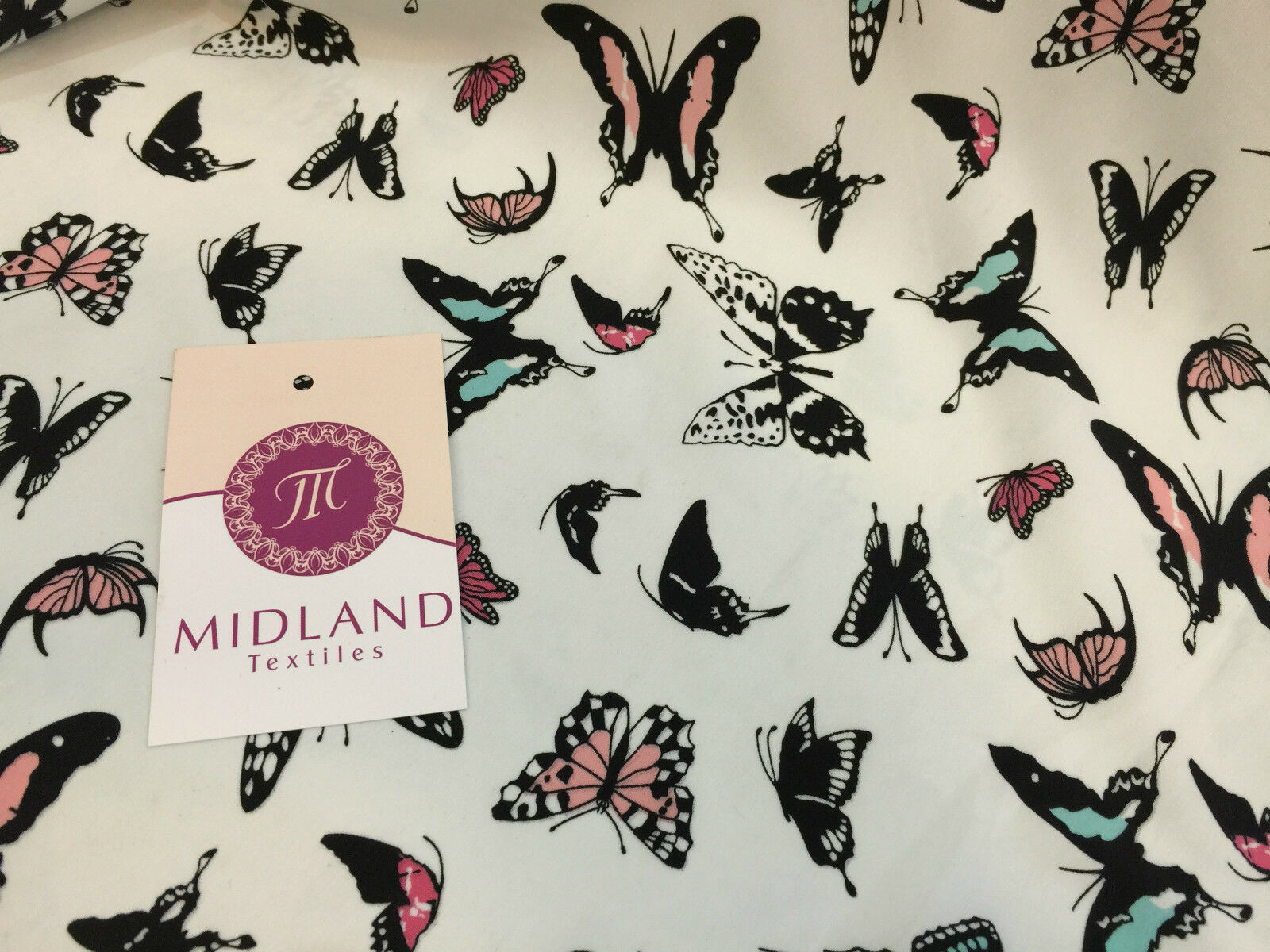 Mint Green Butterfly print peach crepe fabric 45'  M145-1 Mtex